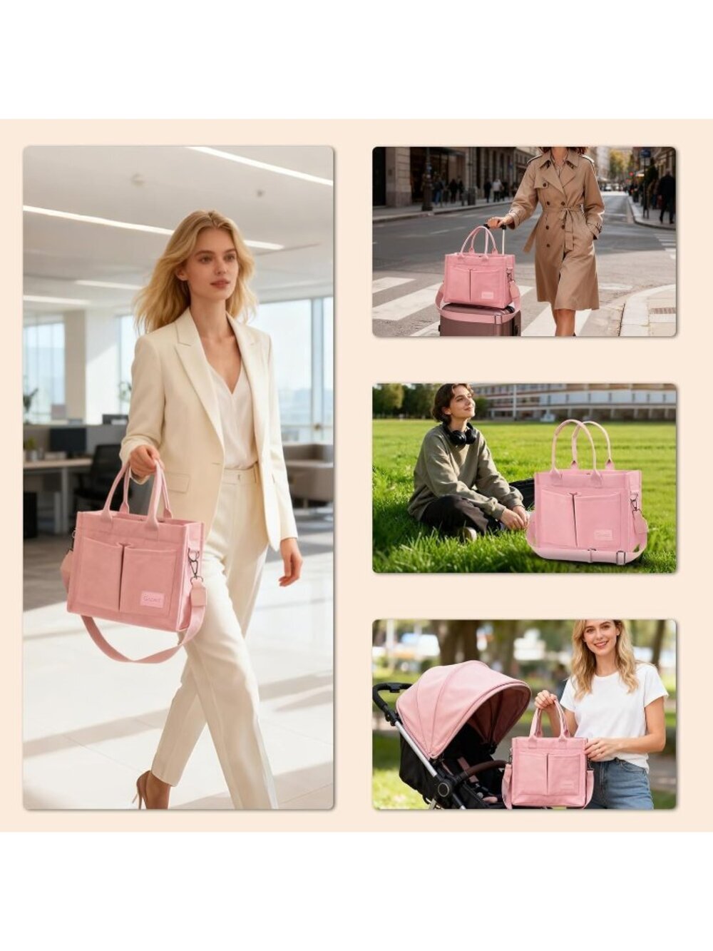 Women Pink Crossbody Tote Bag Pockets Laptop Work Shoulder Bag